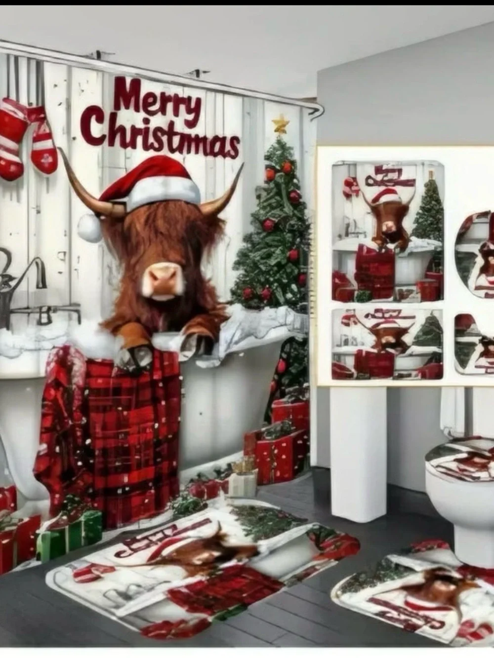 Merry Christmas Highland Cow Bath Set - Red Holiday Bathroom Decor